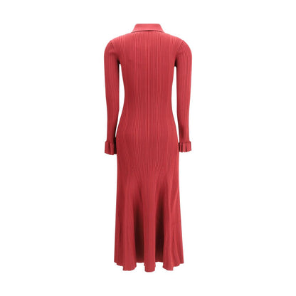 Back view of Self-Portrait Red Viscose Casual Dress with ribbed knit and flared sleeves.