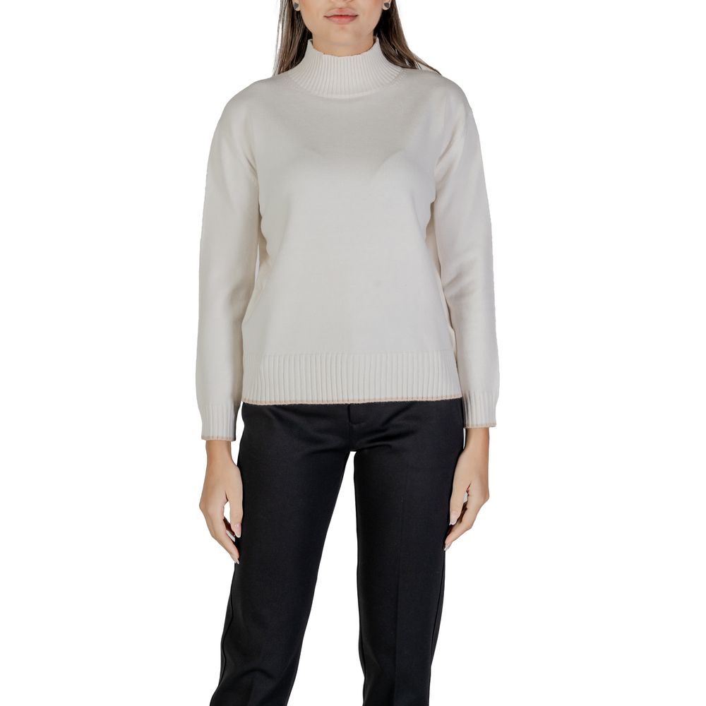 Street One Cream Polyester Sweatshirt showcasing high neckline and ribbed hem for a stylish and warm look.