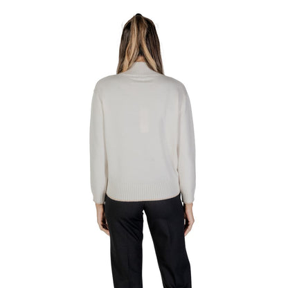Back view of Street One Cream Polyester Sweatshirt, featuring high neckline and ribbed hem for cozy style.