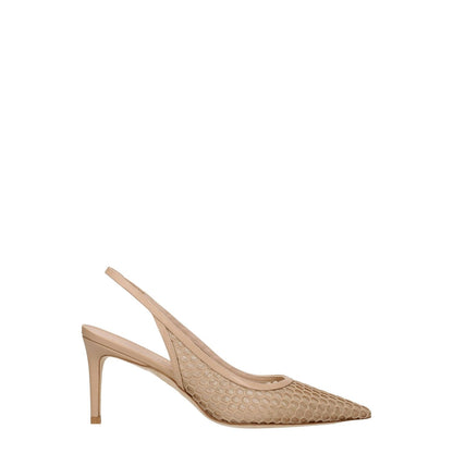 Stuart Weitzman Beige Leather High Heel Pumps with pointy toe and 7.5 cm mid heel, stylish natural color slingback design.