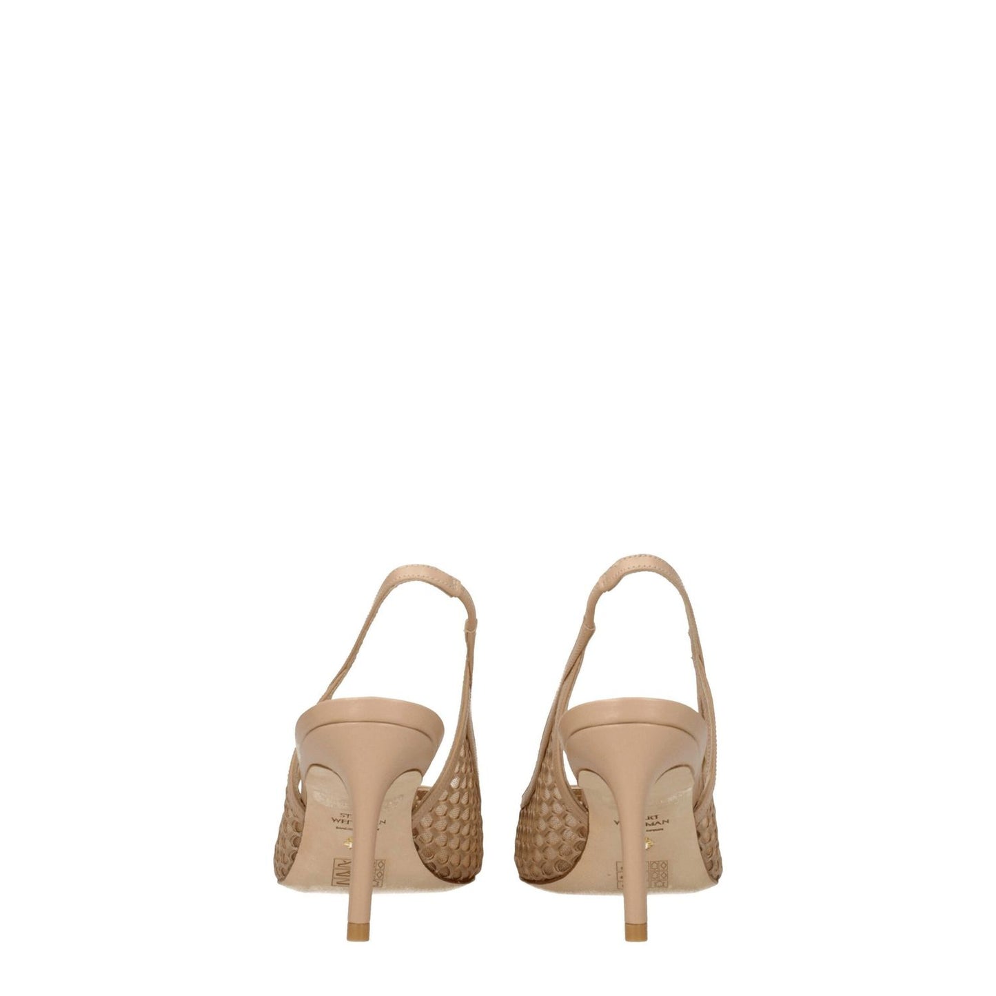 Back view of Stuart Weitzman Beige Leather High Heel Pumps with pointy toe and mid heels.