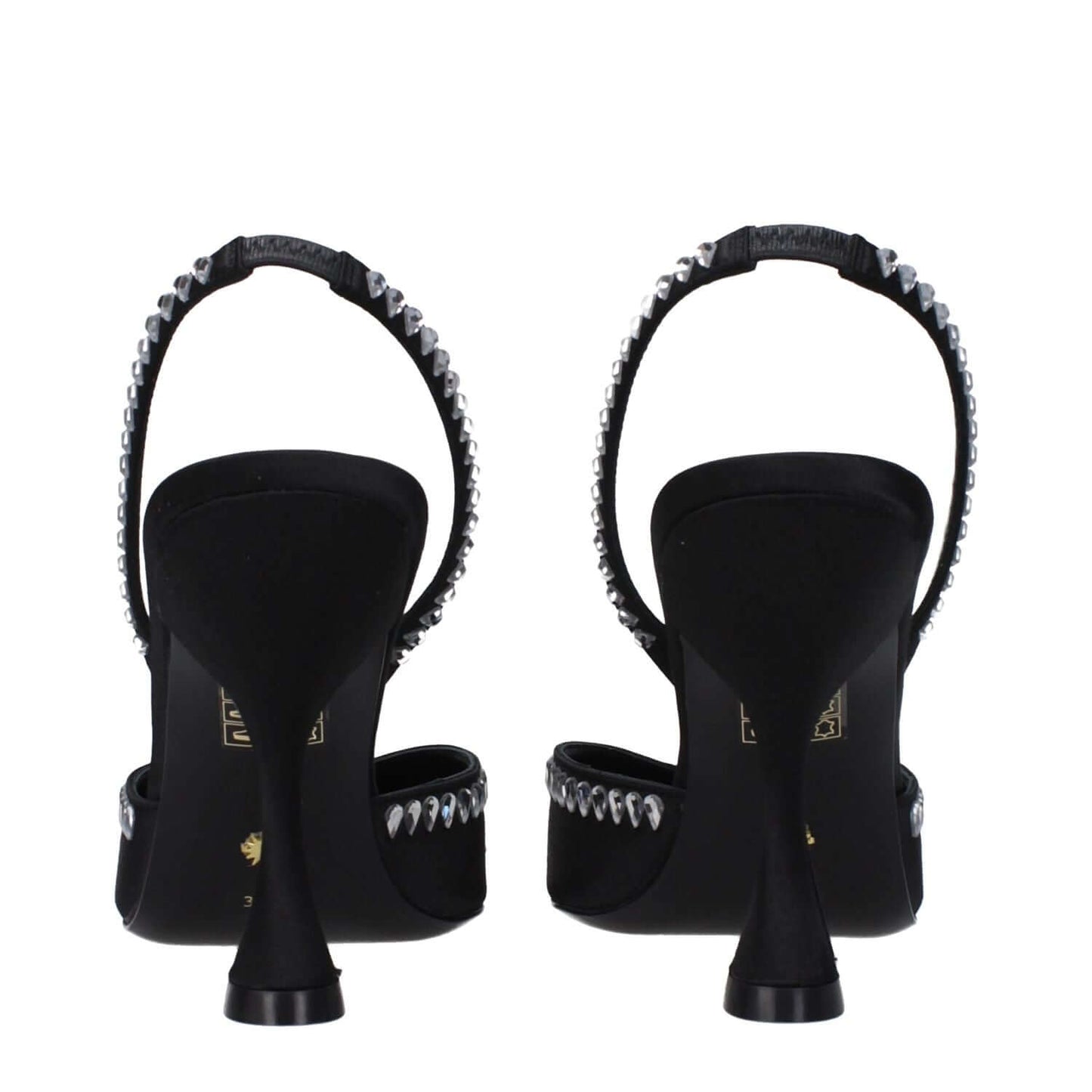 Stuart Weitzman Black Satin Stiletto Heel Sandals with rhinestones, leather sole, and pointy toe. MPN: GMCTXCRV100SANSD150BLACK.