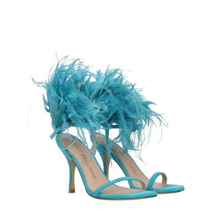 Stuart Weitzman Green Leather Stiletto Heel Sandals with feather accents, open toe design, and buckle closure. Heel height 10 cm.