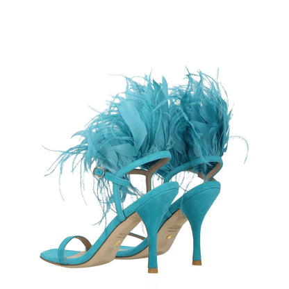 Stuart Weitzman Green Leather Stiletto Heel Sandals with suede feather detail, open toe, buckle closure, and 10 cm high heel.