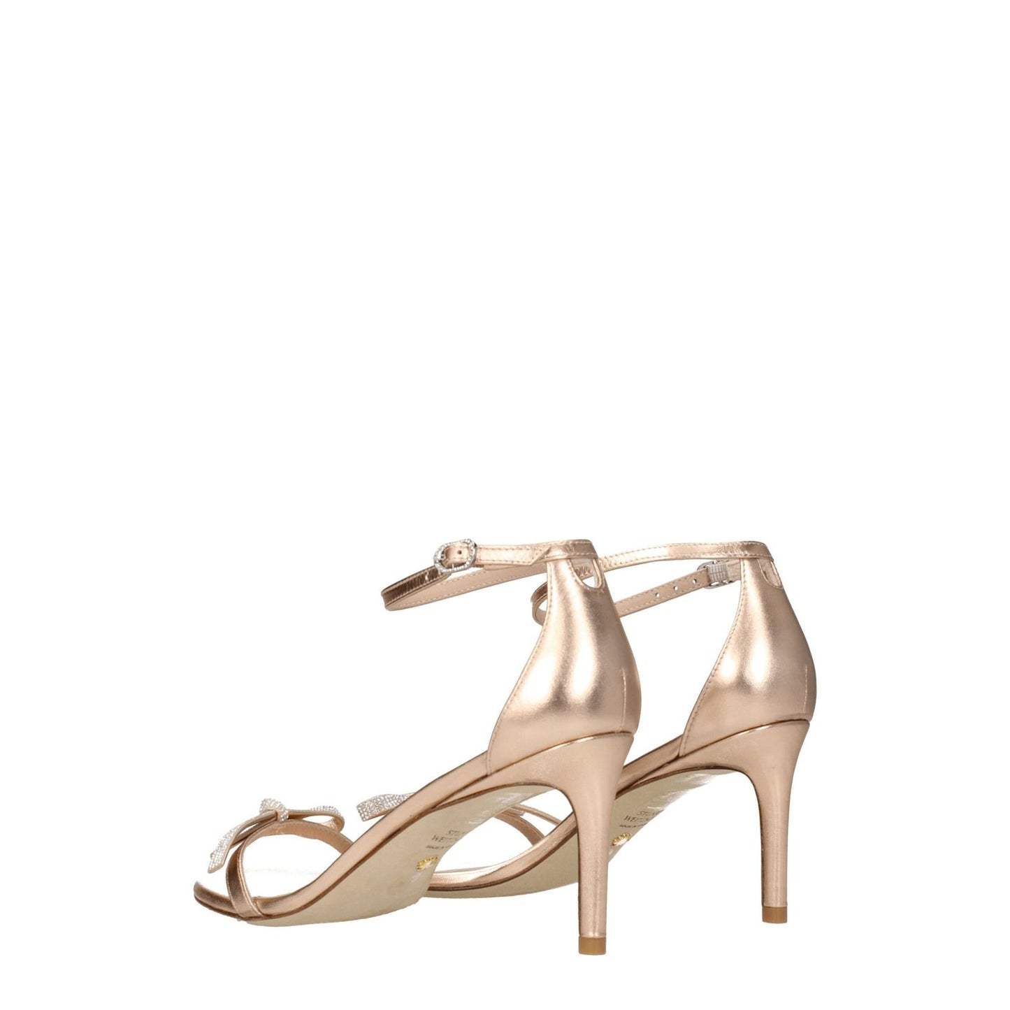 Stuart Weitzman Pink Leather Stiletto Heels Sandals with metallic effect and buckle closure, side view showing mid heels and open toe design.