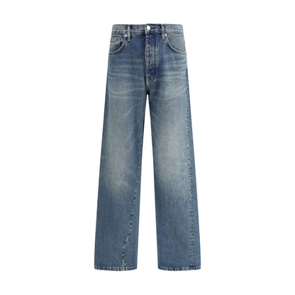 Sunflower Blue Cotton Jeans Denim with wide legs and twisted seams for a vintage look.
