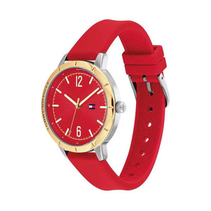 TOMMY HILFIGER Mod. 1782561 ladies watch with quartz movement, red dial, gold-tone case, and red bracelet. Water resistant 3 ATM
