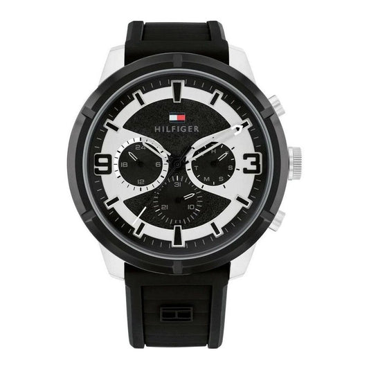 TOMMY HILFIGER Mod. 1792074 gent's quartz analog watch, water resistant, 45mm case, mineral dial, black bracelet, official box.