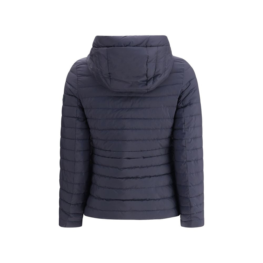 Tatras Blue Nylon Full-Length Jacket with adjustable hood, quilted design, and zippered pockets, ideal for cold weather comfort and style.