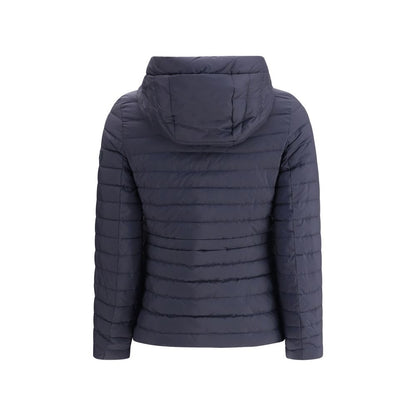 Tatras Blue Nylon Full-Length Jacket with adjustable hood, quilted design, and zippered pockets, ideal for cold weather comfort and style.