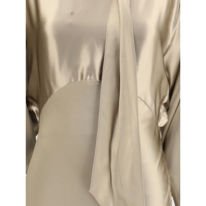 The Andamane Gold Viscose Casual Dress featuring a satin scarf and long sleeves, elegant style with a refined allure.
