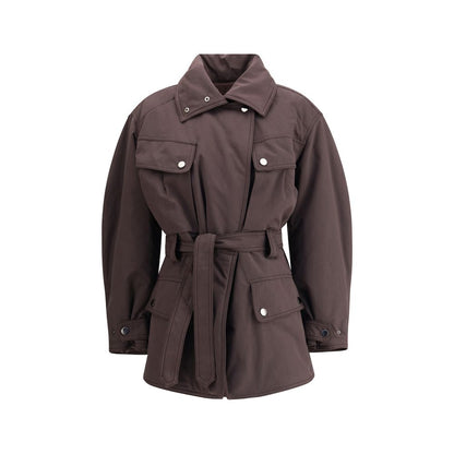 The Andamane Purple Polyester Coat with high collar, snap button closure, and knotted belt for a feminine touch.