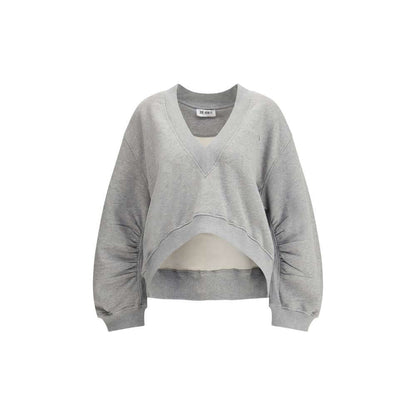 The Attico Gray Cotton Sweatshirt with deep V-neckline and tone-on-tone logo, featuring an oversized gauzy fleece design and faded grey finish.
