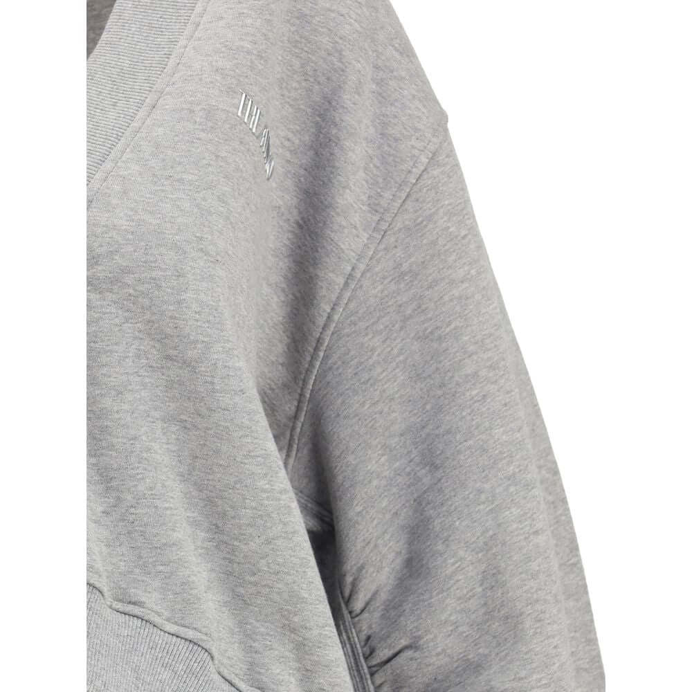 Close-up of The Attico Gray Cotton Sweatshirt in faded melange, featuring deep V-neckline and tone-on-tone rubberized logo label.