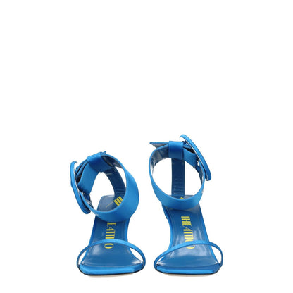The Attico Light Blue Satin Stiletto Heel Sandals with open toe and buckle closure, featuring mid heels and leather sole, front view.