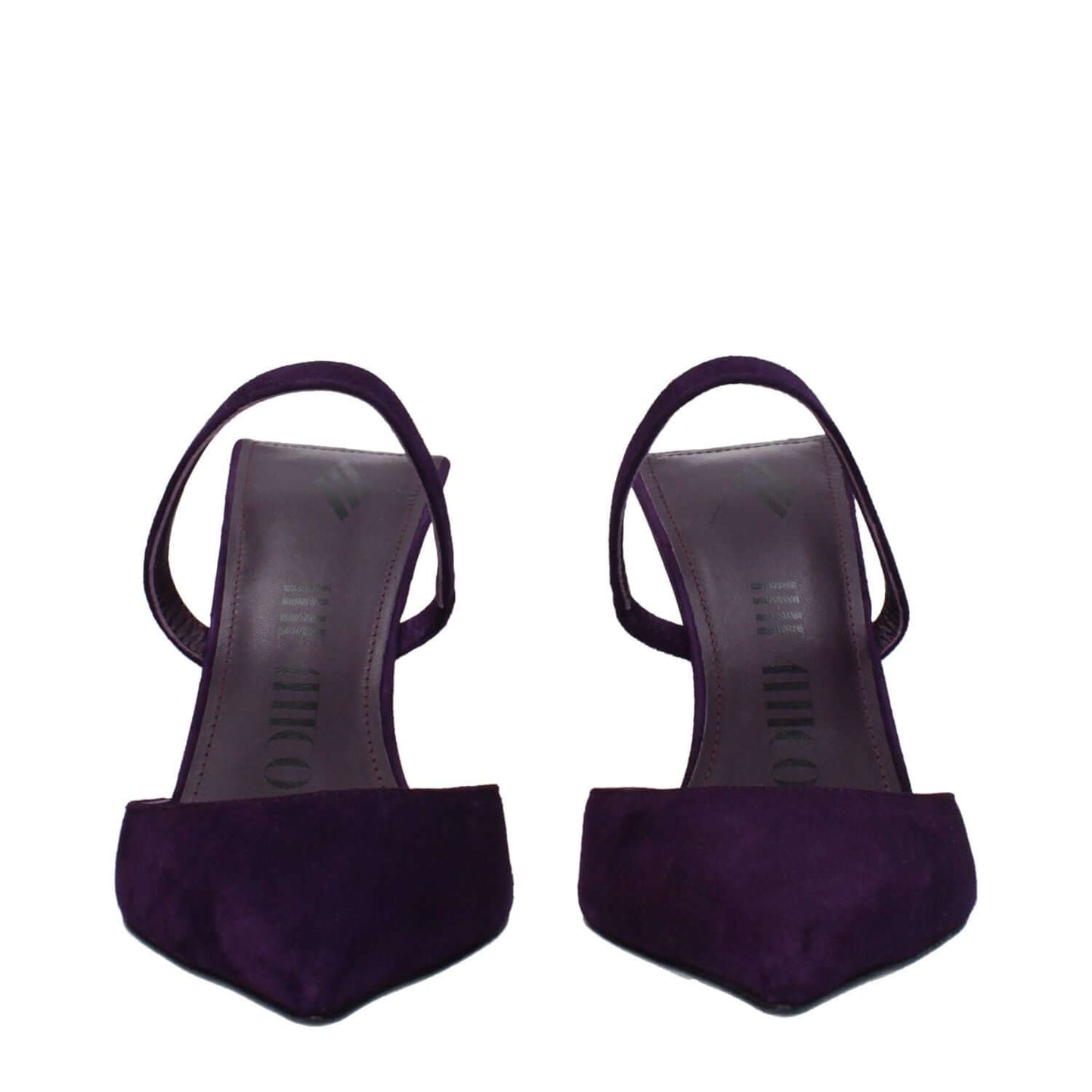 Front view of The Attico Purple Leather Stiletto Heel Sandals with pointy toes and leather sole