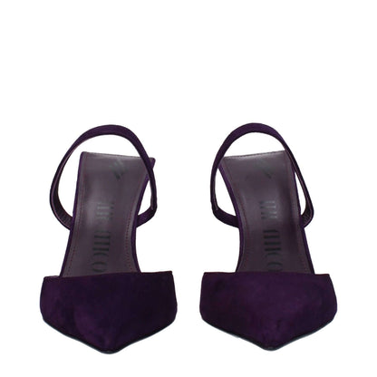 Front view of The Attico Purple Leather Stiletto Heel Sandals with pointy toes and leather sole