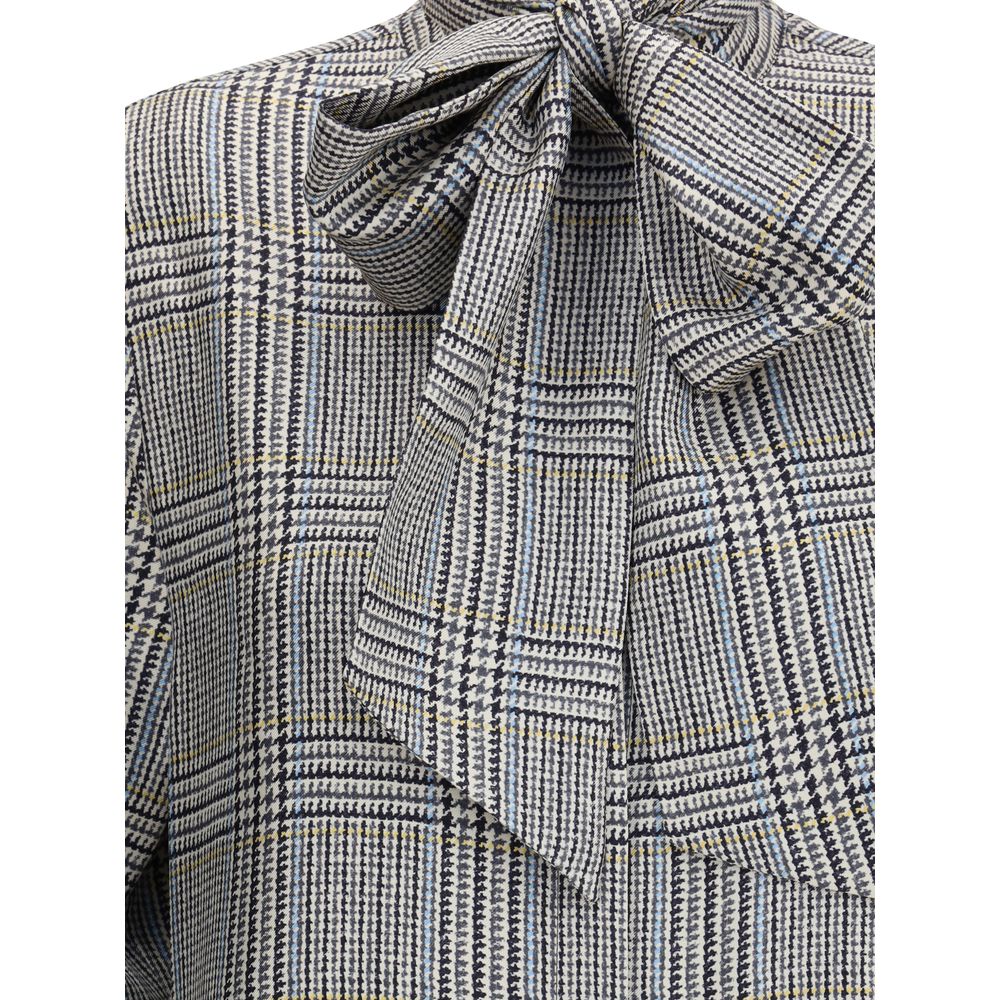 Close-up of Thom Browne Beige Silk Dress Shirt with tweed pattern and detachable bow at collar.