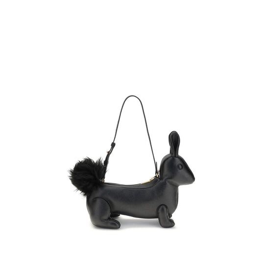 Thom Browne Black Calf Leather Bos Taurus Shoulder Bag shaped as a rabbit with fur tail and brass zipper closure.