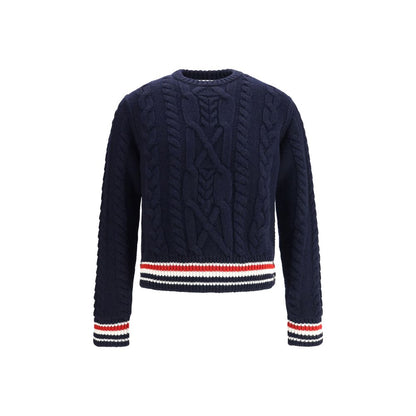 Thom Browne Blue Fleece Wool Sweatshirt with cable-knit design and tricolor hem and cuffs for elegant style and comfort.