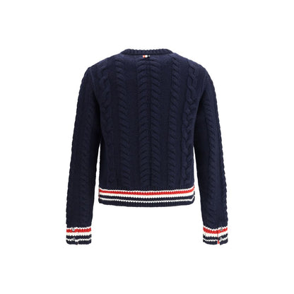 Thom Browne Blue Fleece Wool Sweatshirt with cable knit and tricolor details on hem and cuffs