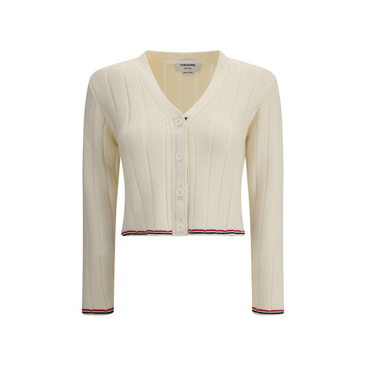 Thom Browne Cream Fleece Wool Cardigan with V-neck, button closure, ribbed design, and iconic colored bands for a refined look.