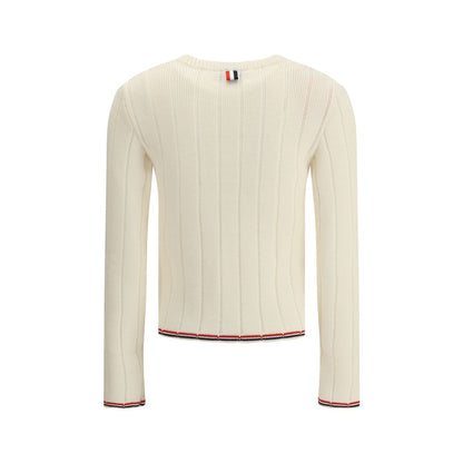 Back view of Thom Browne Cream Fleece Wool Sweatshirt with ribbed design and tricolor accents, perfect for contemporary style.