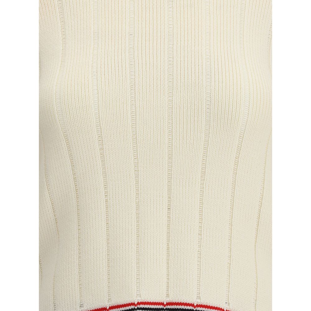 Thom Browne Cream Fleece Wool Sweatshirt with ribbed texture and iconic tricolor edge detail.