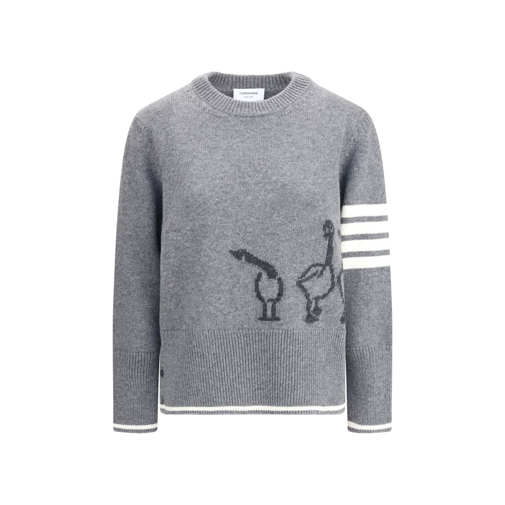 Thom Browne Gray Fleece Wool Sweatshirt with ribbed crew neck, asymmetric hem, and geese design.