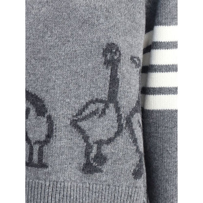 Close-up of Thom Browne Gray Fleece Wool Sweatshirt with geese design and iconic striped bands on the sleeve