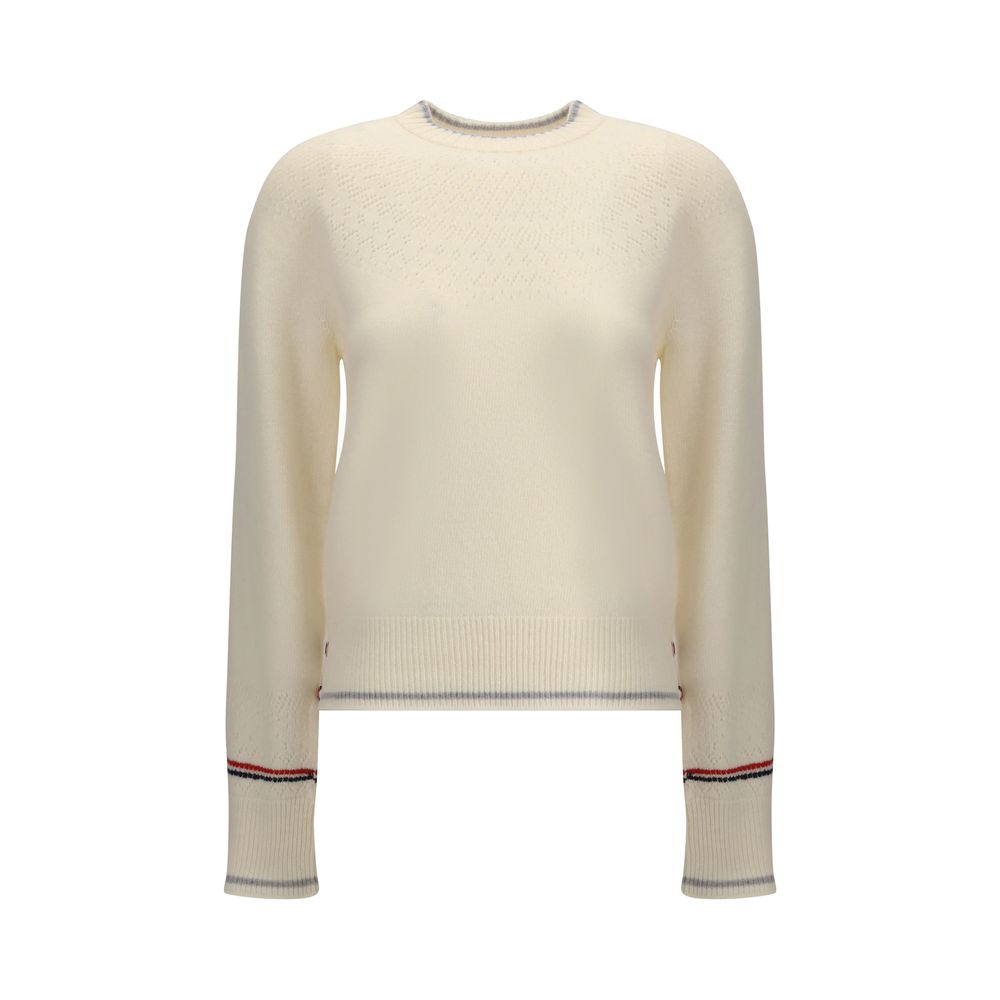 Thom Browne White Fleece Wool Sweatshirt with tricolor bands and ribbed crew neck.