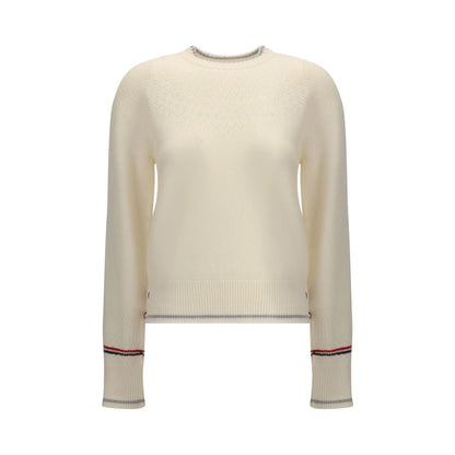 Thom Browne White Fleece Wool Sweatshirt with tricolor bands and ribbed crew neck.
