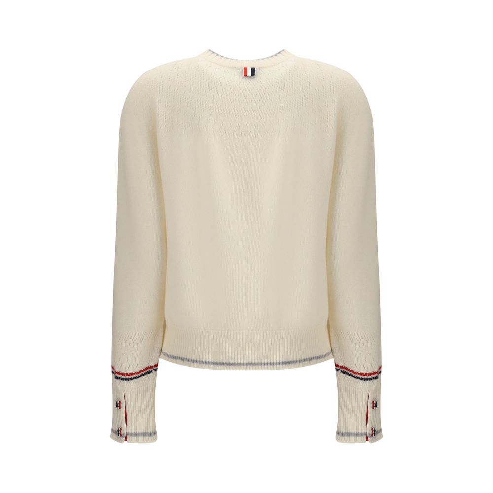 Back view of Thom Browne White Fleece Wool Sweatshirt with tricolor bands and striped-finish buttons on cuffs.