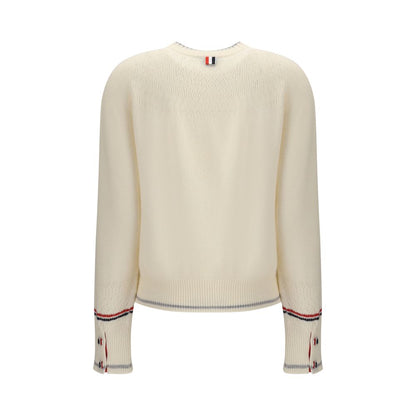 Back view of Thom Browne White Fleece Wool Sweatshirt with tricolor bands and striped-finish buttons on cuffs.