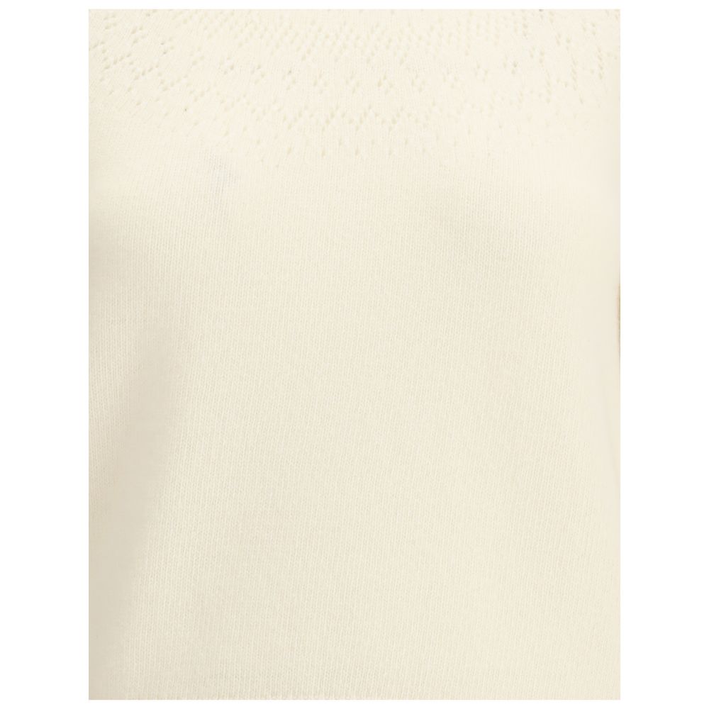 Thom Browne White Fleece Wool Sweatshirt with iconic tricolor sleeve bands and pointelle details, featuring a ribbed crew neck, cuffs, and hem.