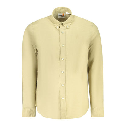 Timberland Beige Cotton Men Shirt featuring long sleeves and button-down collar for modern style and casual elegance.