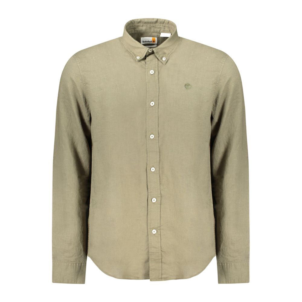 Timberland Green Cotton Shirt, slim fit, long-sleeved with button down collar and logo embroidery, stylish and comfortable.