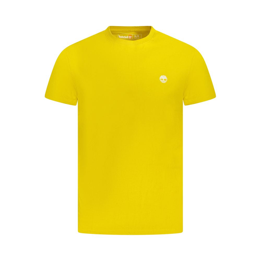 Timberland Yellow Cotton Men T-Shirt; slim fit, organic cotton, crew neck, embroidered logo, vibrant color, eco-conscious fashion.