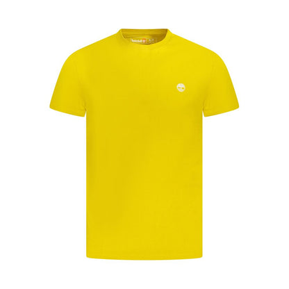 Timberland Yellow Cotton Men T-Shirt; slim fit, organic cotton, crew neck, embroidered logo, vibrant color, eco-conscious fashion.