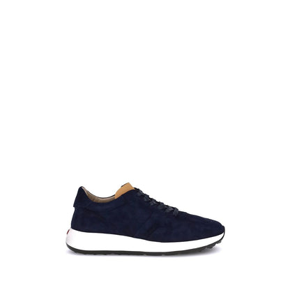 Alt Tag: Tod's Blue Calf Leather Bos Taurus Low Top Sneakers with rubber detail and Tod’s logo on suede upper.