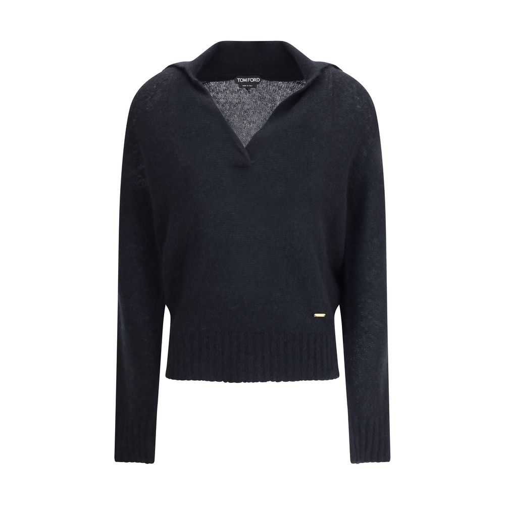 Tom Ford Black Cashmere Cashmere Sweater with polo collar and ribbed hem, luxurious blend of 74% Kashmir and 26% silk.