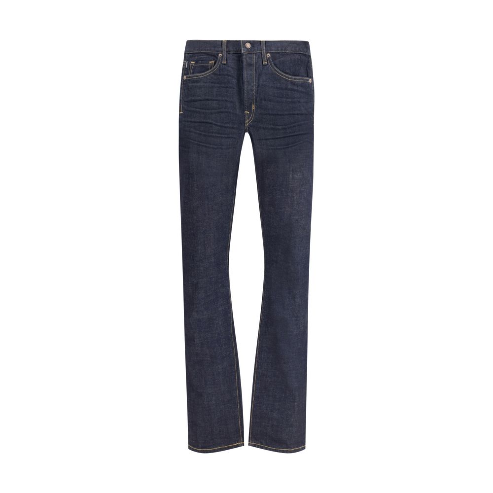 Tom Ford Blue Cotton Straight-Leg Jeans featuring selvedge denim, button closure, and 5-pocket design for timeless elegance and comfort.