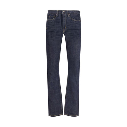Tom Ford Blue Cotton Straight-Leg Jeans featuring selvedge denim, button closure, and 5-pocket design for timeless elegance and comfort.