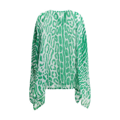 Back view of Tom Ford Green Cotton Casual Dress with vibrant animal print and asymmetrical design for summer occasions.