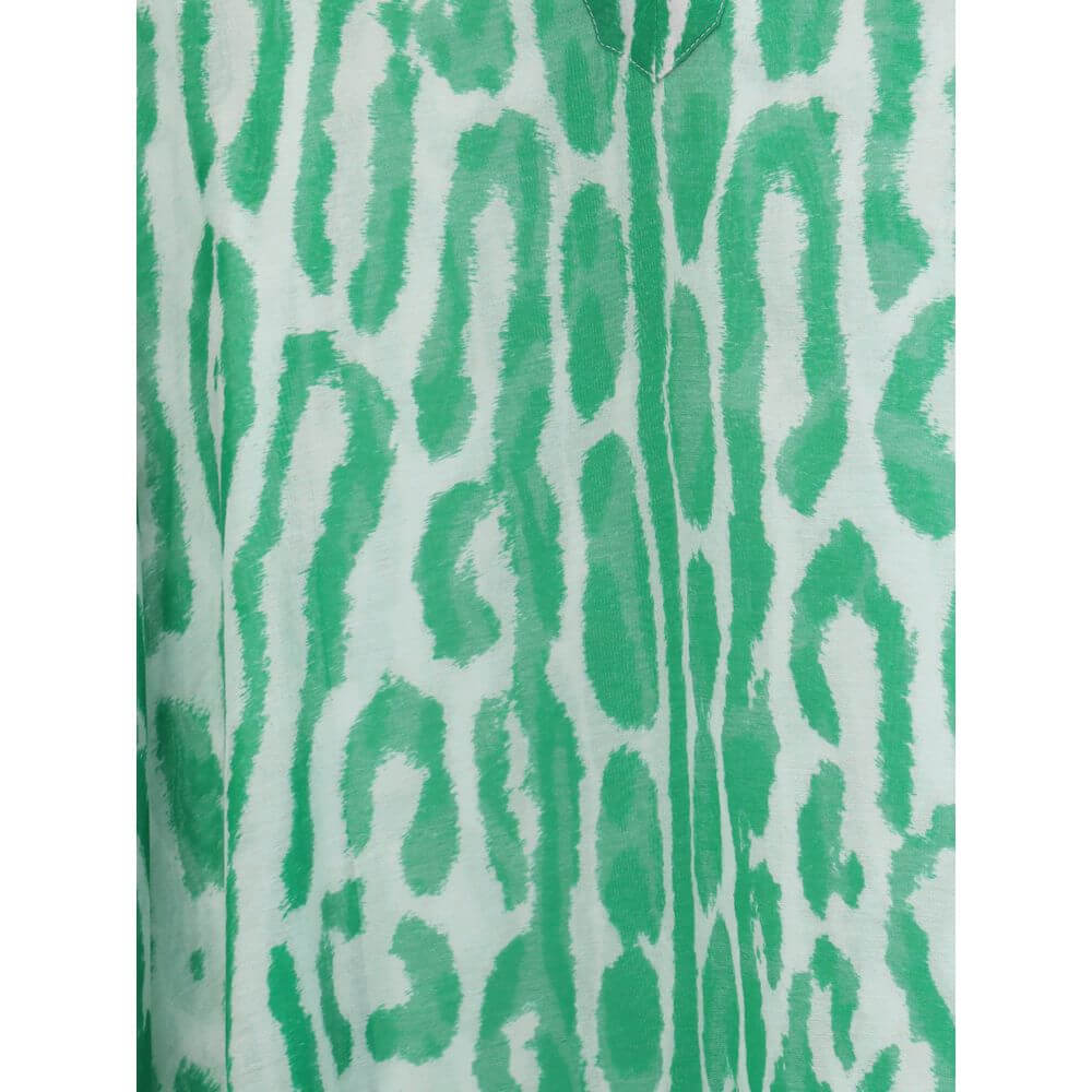 Close-up of Tom Ford Green Cotton Casual Dress with vibrant animal print pattern.
