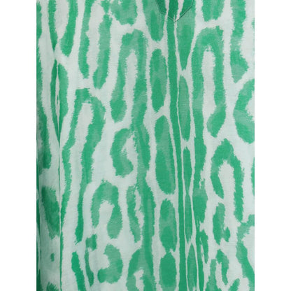Close-up of Tom Ford Green Cotton Casual Dress with vibrant animal print pattern.