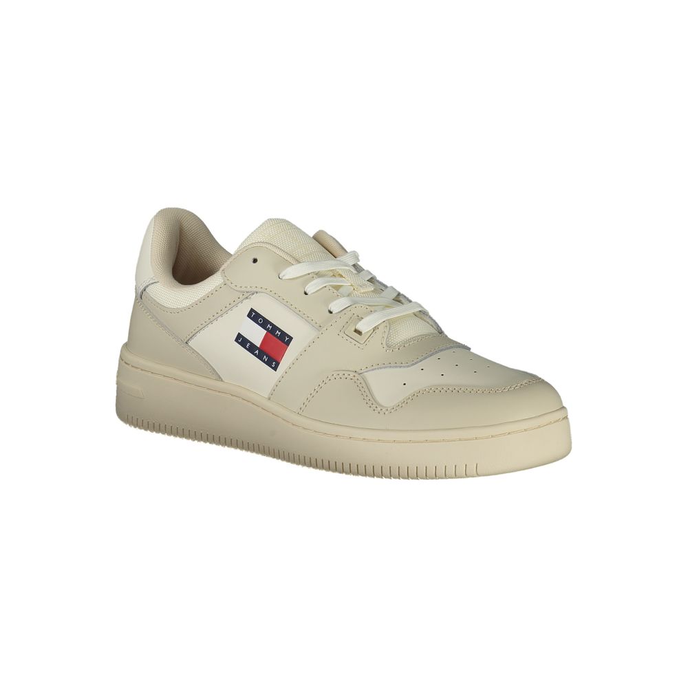Tommy Hilfiger Beige Leather Men Sneaker with logo and contrasting details, perfect for style and comfort.