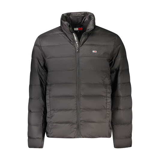 Tommy Hilfiger Black Polyamide Men Jacket with zip closure, made from recycled materials, featuring long sleeves and pocket space.