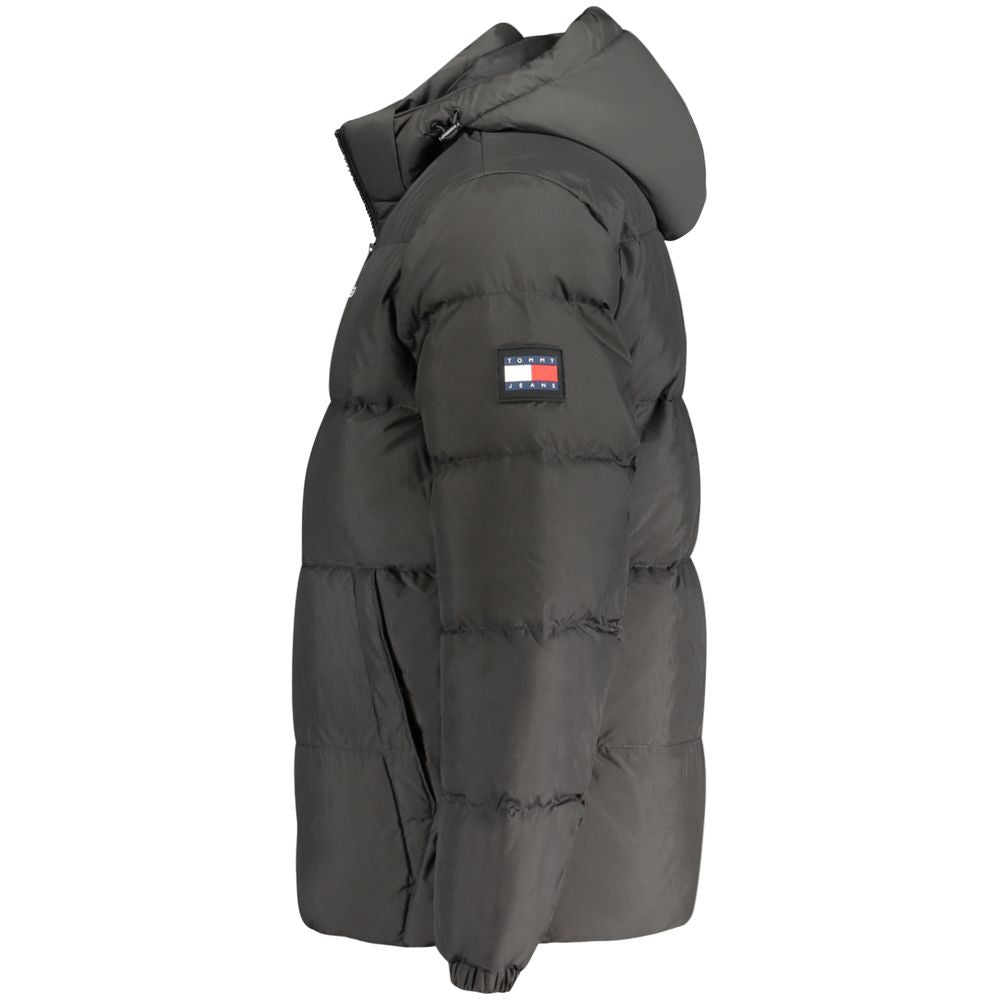 Side view of Tommy Hilfiger Black Recycled Polyester Men Jacket with removable hood and logo patch.