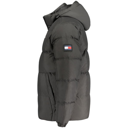 Side view of Tommy Hilfiger Black Recycled Polyester Men Jacket with removable hood and logo patch.